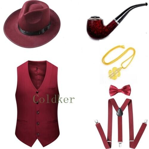 6XL Plus Size Cosplay Costumes Set 1920s Stripe Hat and Gangster Vest 20s Costume Accessory Gentleman Pipe Bow Tie Necklace