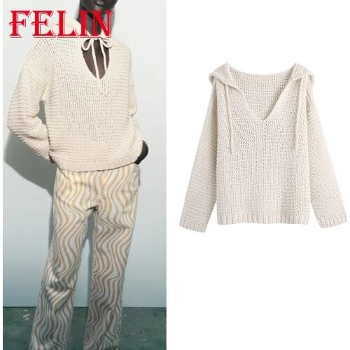 Za 2021 Beige Knitted Cotton Oversized Hooded Women Sweatshirts V Neck Casual Fashion Autumn Pullovers Streetwear Mujer Tops