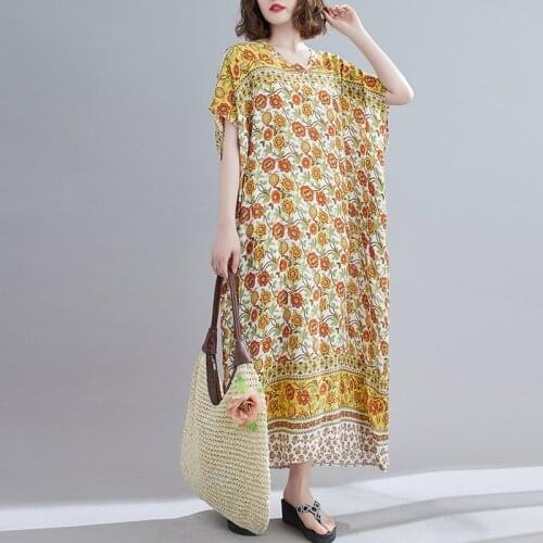 Plus Size V-Neck Summer Dress For Women Oversize Loose Robe Female Boho Holiday Maxi Long Dress Woman Thin Floral Print Sundress