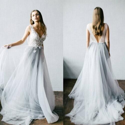 Boho Wedding Dresses Silver Gray Soft Tulle Skirt White Lace Top A Line Bridal Gown Deep V Backless Open Vestidos de Novia 2021