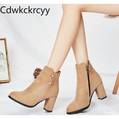 Winter The New fashion Round head Thick heel Martin boots black Rhinestone Plus velvet Keep warm High heel Women boots 34-39