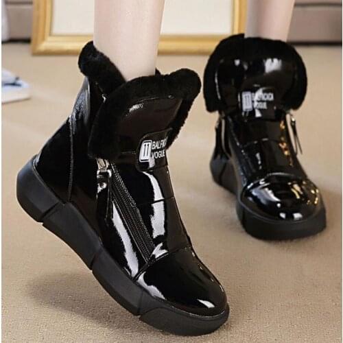 2021 Winter Patent Leather Women Snow Boots Woman Ankle Boots Warm Plush Shoes Flats Ladies Shoes Women Short Martin Boots