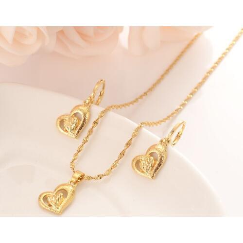 14 k Yellow Gold GF Engravable Stacked Two Love Hearts Necklace Matching Earring Pendant Set