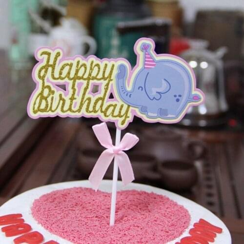 2pcs Elephant Happy Birthday Cake Topper Glitter Gold Letter Cupcake Topper For Kids Birthday Party Cake Decorations Baby Shower