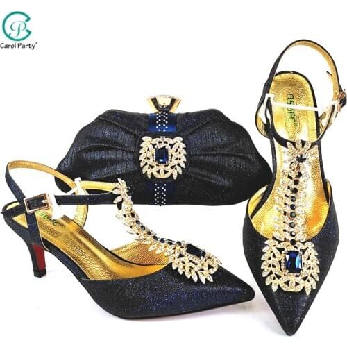 2021 Newest D.Blue Color Fashion Special Style Italian Design Party Ladies Shoes and Bag Set Decorated With Rhinestone