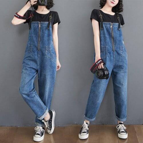 2021 Spring New Denim Overalls Female Long Pants Zipper Strap Buckle Suspenders Jumpsuits Women Jeans Pockets Washed Rompers