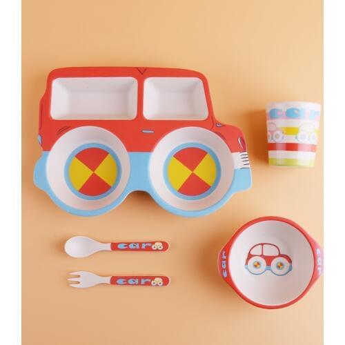 5Pcs/Set Children Car Shape Bamboo Fiber Tableware Set Baby Feeding Plate Dinnerware Dishes Bowl Spoon Fork Food Container