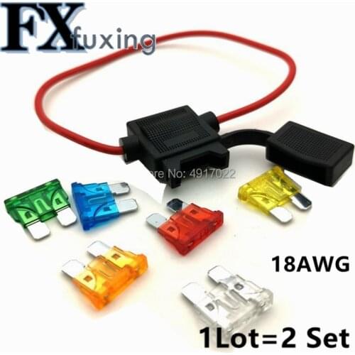 2pcs Medium Blade Auto Fuse + 2pcs waterproof auto Fuse Holder Automobile Refitting Safety Belt 16awg 18AWG Line Fuse 5A 10A 15A