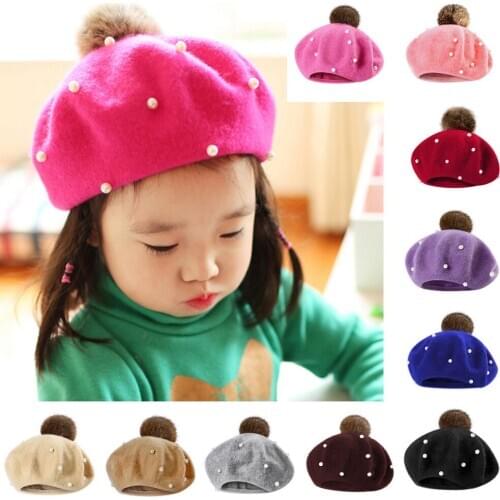 Cute Baby Kids Beret Beanie Classic Style Wool Felt Girls Pearl Hairball Beret Hat Keep Warm Winter Soft Solid Color Beret Hats