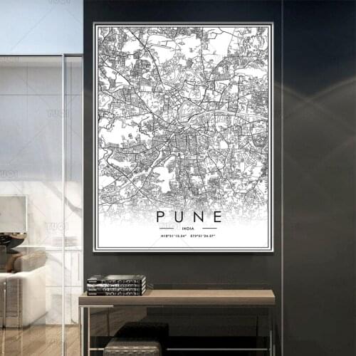 Black and White World City Map PUNE Wall Art Canvas Poster Prints Nordic Style Paintings Picture for Living Room