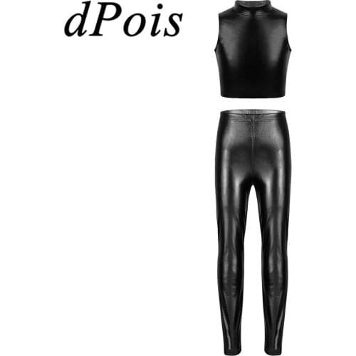 Kids Girls Hip Hop Jazz Dance Costume Metallic Sleeveless Crop Tank Tops with Skinny Pants Leggings Child Performance Dancewear