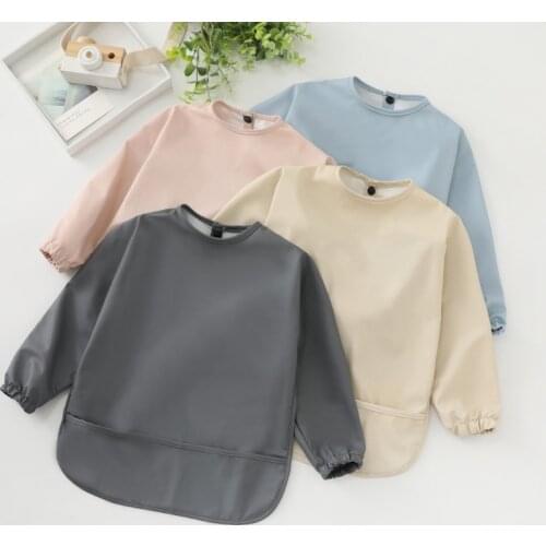 Baby Long Sleeve Bib Solid Color Burp Cloth Toddler PU Waterproof Smock with Pocket Infant Feeding Apron