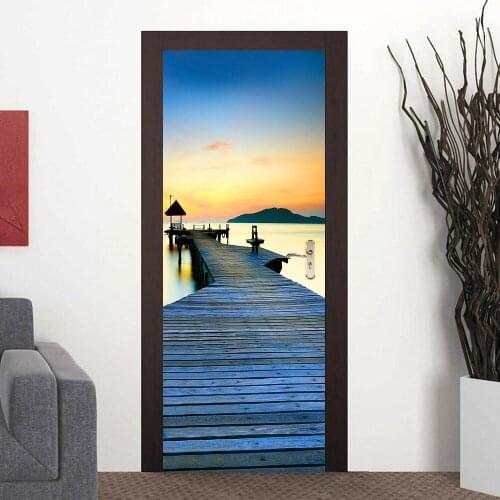 Door Sticker 3D Riverside Wooden Bridge Landscape Painting Wallpaper Bedroom Bathroom PVC Decoration Poster Self Adhesive Mural