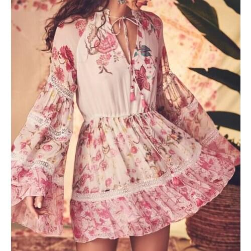 Fashion Runway 2021 Autumn Mini Dress Women Fashion Flower Printed Hollow Out Patchwork Flare Sleeve Holiday Dresses