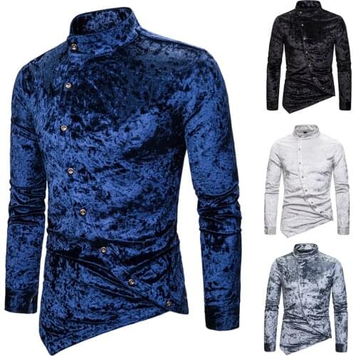 Mens Personality Diagonal Button Diamond Velvet Irregular Shirt Mens Henry Collar High Quality Long-sleeved Top