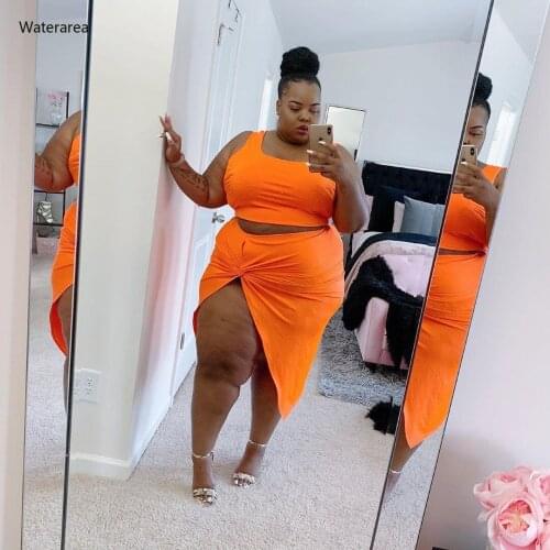 New Summer Plus Size Women Strapless Sleeveless Vest With Pencil Mid-Calf Slit Skirt Solid Color Casual Two-Piece Set AT19003