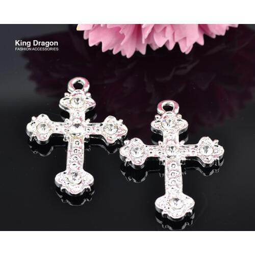 New Arrival Rhinestone Cross Embellishment Used On Necklace Or Decoration 30MM*22MM 10PCS/Lot Silver Color KD531