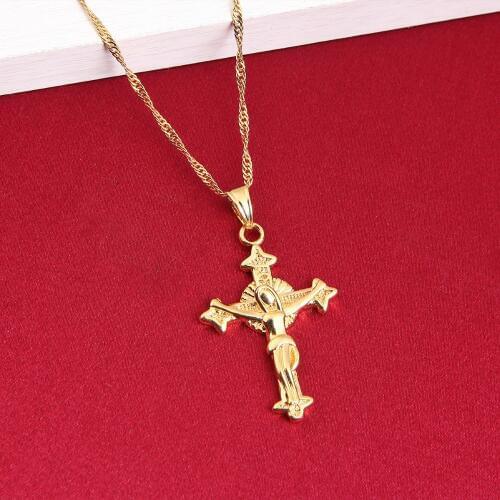 Jesus Head Cross Necklaces Gold Color 22K Charm Pendant For Women Men Christian Jewelry Factory Wholesale Jewel Crucifix God