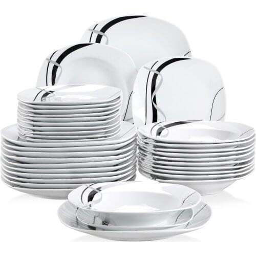 VEWEET FIONA 36-Piece Porcelain Ceramic Black Line Kitchen Tableware Dishes Plate Set with Dinner Plate,Dessert Plate,Soup Plate