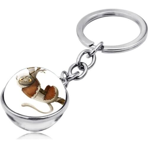 Vintage Keychain Jewelry with Silver Color Sloth Art Picture Glass Ball Double Side Keychain Ring for Men Women
