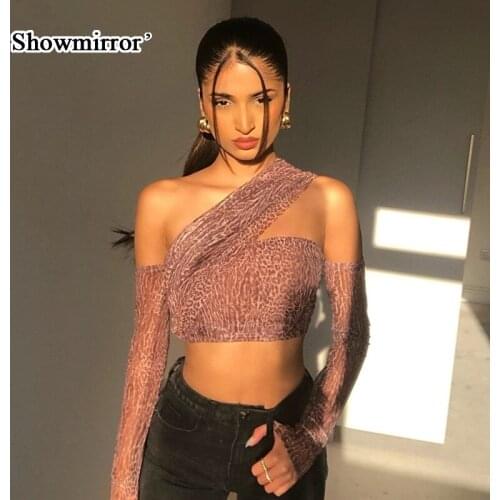 Showmirror Fashion Vintage Print Sexy Backless Women Tops Skew Collar Slim Tank Tops With Sleeve Summer 2021 Streetwear