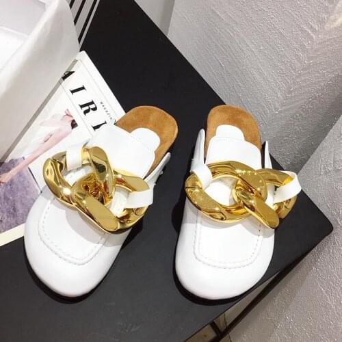 Women Mules Slipper Low Heels Casual Slides Flip Flop Round Toe New Arrival Brand Design Gold Chain Closed Slip On Shoes 2021