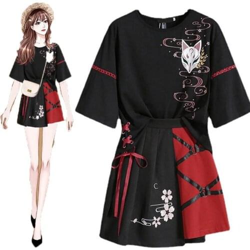 Anime Cosplay Womens Costume Red Ribbon Girl Lolita T-shirt Short Skirt Set Adult Fox Hanfu Halloween Party Cosplay Costume