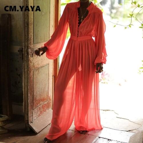 CM.YAYA Women Jumpsuit Solid Mesh See-through Single Breasted Full Sleeve Full Length Loose Wide Leg Jumpsuits Sexy Outfits