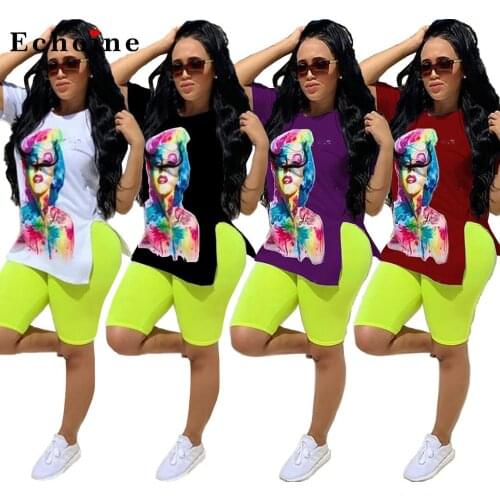 Character Printed Both Sides Slit Two-Piece Set Women Casual T-Shirt Fluorescence Short Pants Sports Gym Suit Fitness Tracksuit