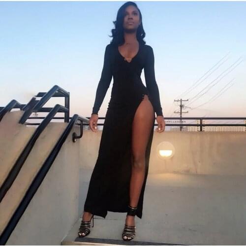 V-Neck Button Pin Bodycon Long Sleeve Black Dress Women Elegant Cotton Fashion Side Split Autumn Dress Mini Ladies Basic Dresses