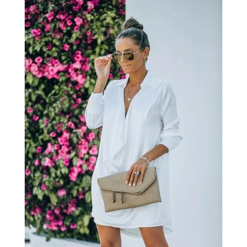 Women Solid Color Blouse Dress Turn-down Collar Long Sleeve Loose Style Dresses Deep V-Neck Casual Shopping Wear S/ M/ L/ XL