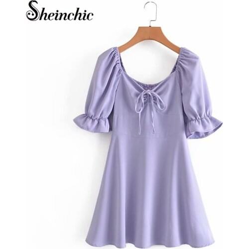 Womens Summer Bow Purple/green Casual V-neck Loose Summer Dress Dresses for Women 2021 Vestido De Mujer