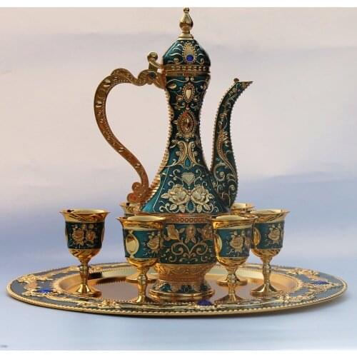 12" plate, gold & green color flower pattern metal wine set/tea set, fashion zinc alloy wine set