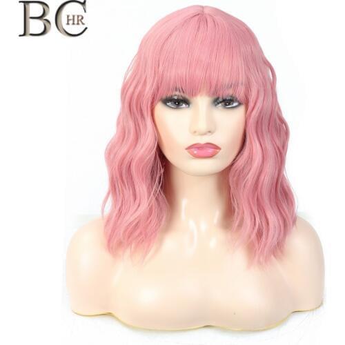 BCHR Short Cosplay Anime Water Wave Pink Synthetic Wigs for Women Bang Pinkish Hair