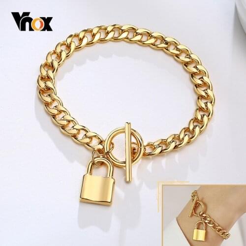 Vnox Women Gold Tone Padlock Bracelets, Minimalist Stainless Steel Metal Cuban Chain Wrist Jewelry, Chic Female Gift