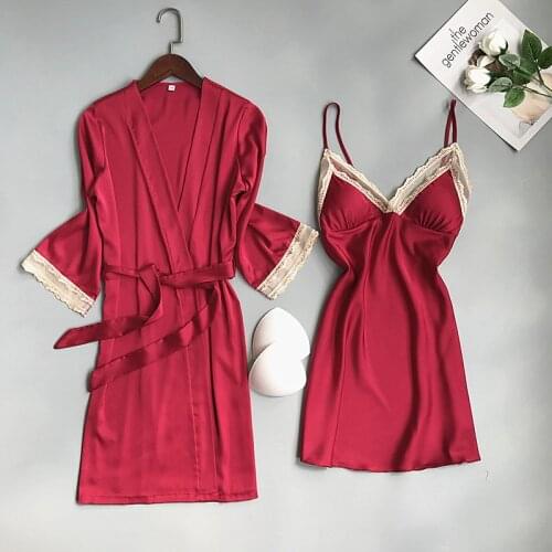 Women 2PCS Set Satin Kimono Bathrobe Gown Casual Sleepwear Soft Sleep Suit Nightdress Lace Intimate Lingerie Silky Home Clothes
