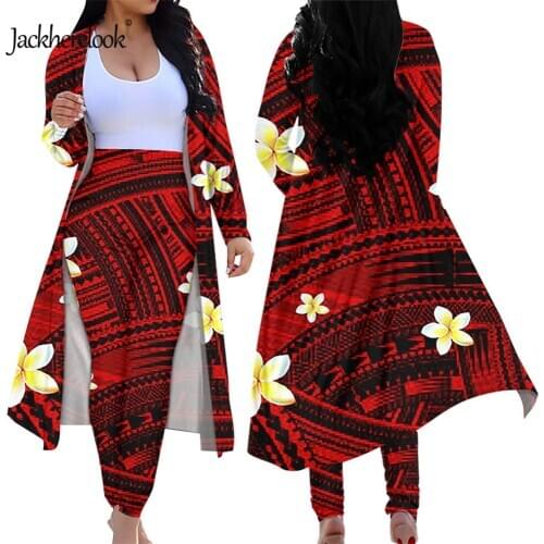 Jackherelook 2 Piece Set Women Cardigan Red Polynesian Tattoo Hibiscus Plumeria Brand Design Skinny Long Pants Two Suits Outfits