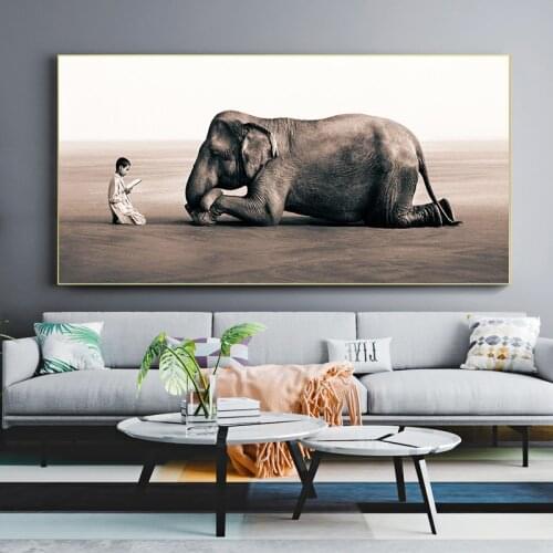 Boy Reading In Front of Elephant Poster Canvas Paintings Black and White Wall Art Prints for Living Room Decor Unframed