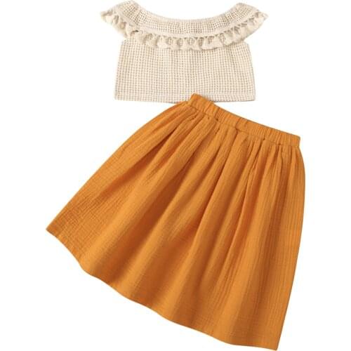 Infant Kids Girls Clothing Set, Fringed Ruffle Grid Waffle Tops Shirt and Skirt Two-piece Suit Vacation Birthday Party 18M-6T