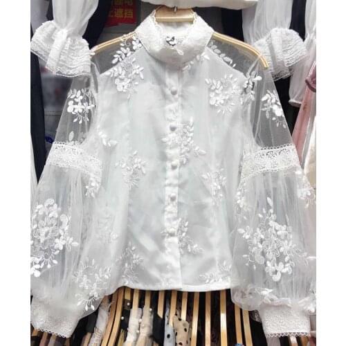 Lace Embroidery Solid Women White Shirts Summer Vintage 2021 Lantern Sleeved Solid See Through Female Outwear Tops