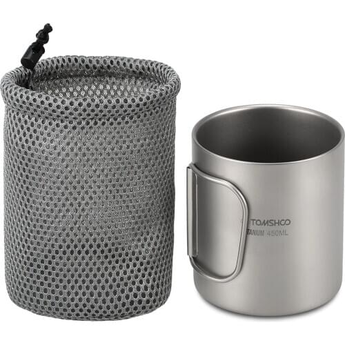 Camping Titanium Mug Double Wall Titanium Mug Outdoor Picnic Cookware Coffee Water Mug with Foldable Handle 220ml / 450ml
