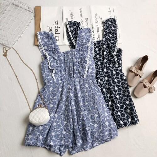 Summer Women Cotton Playsuits Sweet Jk Embroidery Lace Hollow Out Crochet High Waist Wide Leg Shorts Playsuit Overalls Jumpsuits