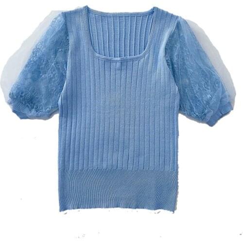 Summer new style Korean temperament slim lace puff sleeve knitted T-shirt women