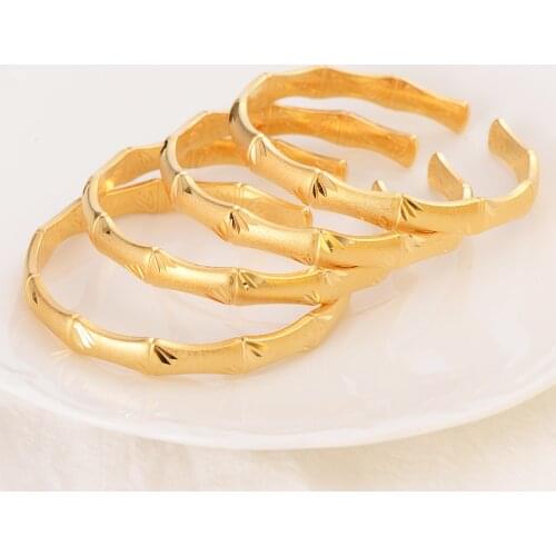 Girls Fashion Size Open-Bangle 9 k Fine THAI BAHT G/F Solid Gold Woman Luxury Jewelry Retro Bamboo Shape Adjustable