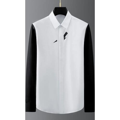 Brand Black White Stitching Mens Shirt Long Sleeve Slim Fit Casual Shirt Male Business Formal Dress Shirts Social Party Clothes