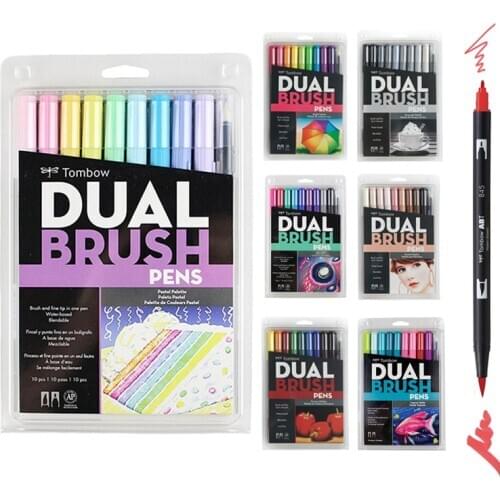 TOMBOW ABT Dual Brush Pen Watercolor Art Marker 10 Colors Set Sketching Drawing Calligraphy Pastel Bright Galaxy Grey Portrait