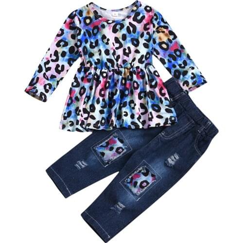 1-6Y Kids Baby Girls Clothes Set, Leopard Print Round Neck Long Sleeve T-Shirt+ Jeans 2pcs Autumn Outfits