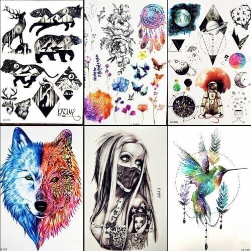 Planets Design Animals Temporary Tattoo Bear Deer Elk Lion Wolf Star Moon Mountain Forest Black Waterproof Fake Tattoo Stickers