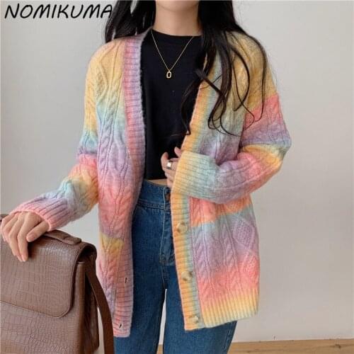 Nomikuma Rainbow Tie Dye Causal Sweater Jacket Women 2021 Autumn Winter Cardigan Knitwear Long Sleeve V-neck Knit Coat 6L890