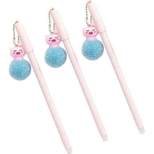24 Pcs Creative Cartoon Hair Ball Powder Pig Pendant Gel Pen Cute Fresh Student Writing Stationery Pen